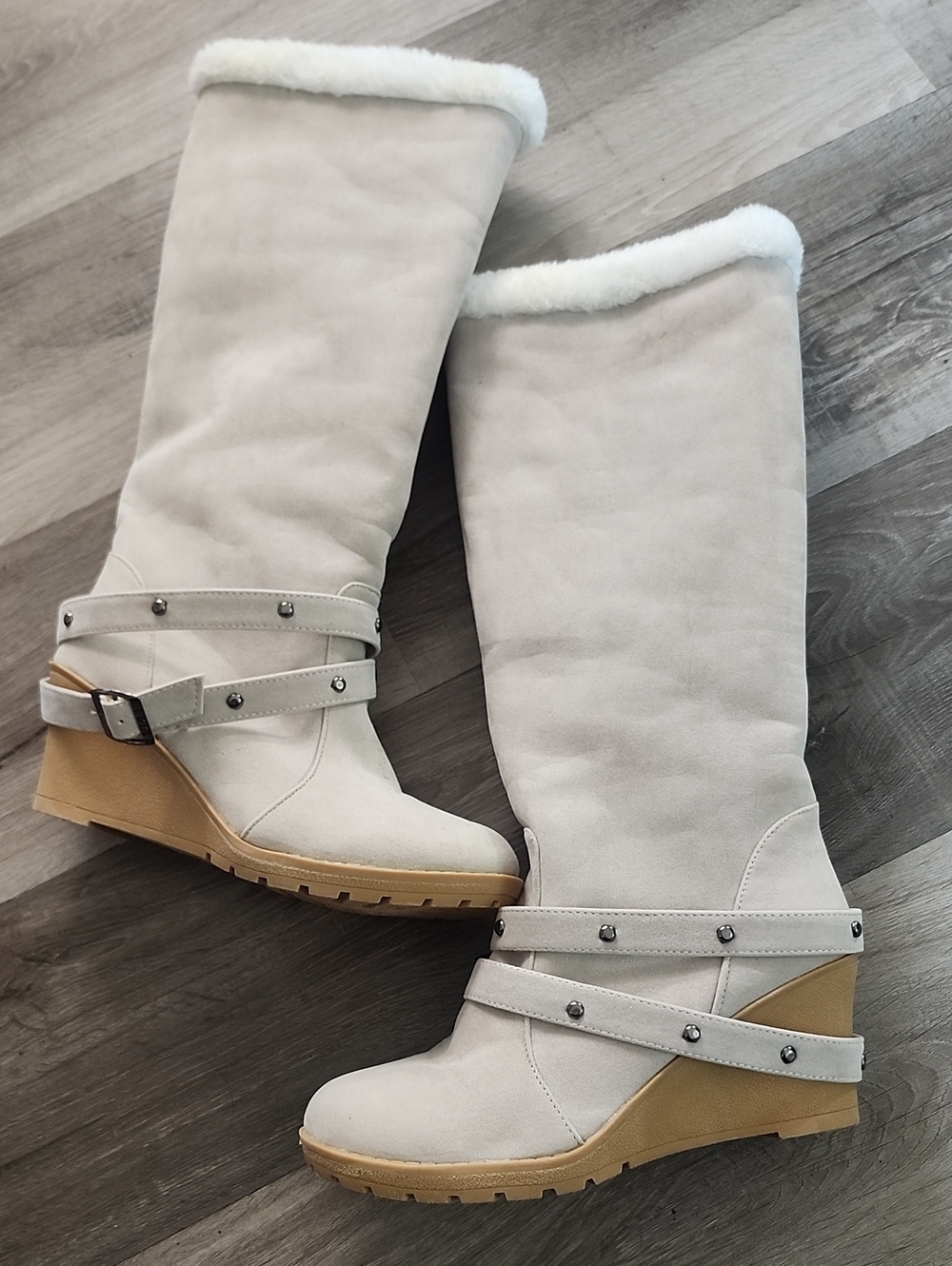 Women's Cream Wedge Winter Boots with Faux Fur Trim
